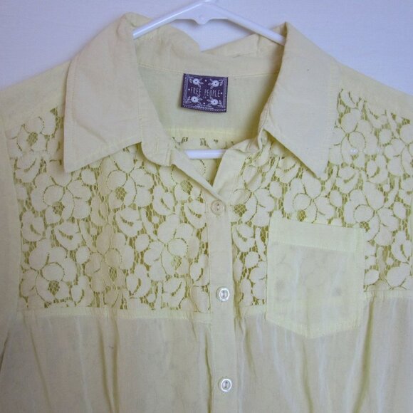 Free People Yellow Lace Tunic Button Front Sheer Blouse Women's 10 - Picture 3 of 10